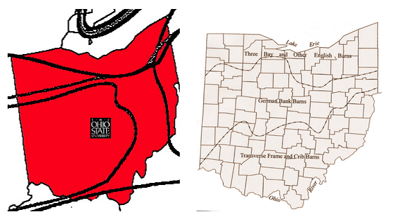 Dialect map juxtaposed with barn map